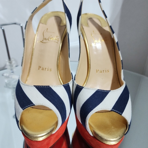 Christian Louboutin Lady Peep Sling 150 Toile Rayee Stripe Pumps Heels Size 35 - Picture 2 of 12